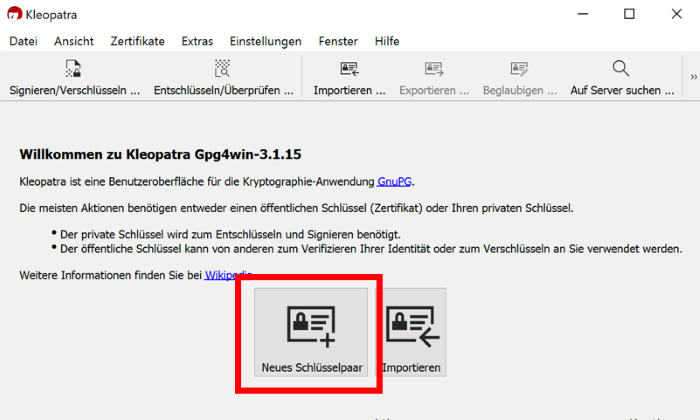 Aktivierung der Benutzeroberfläche Kleopatra von Gpg4win um Ihre Microsoft Outlook E-Mails verschlüsseln.