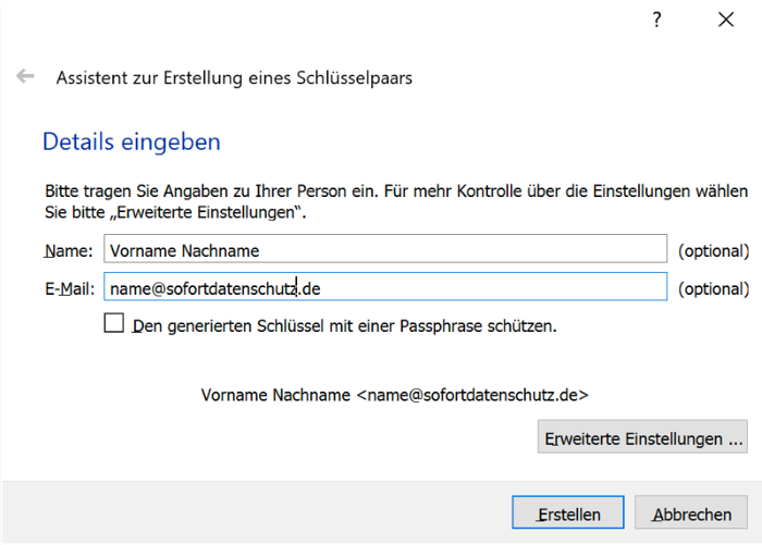 Angaben zur Person um Gpg4win zu aktivieren und um dadurch Ihre Microsoft Outlook E-Mails verschlüsseln.