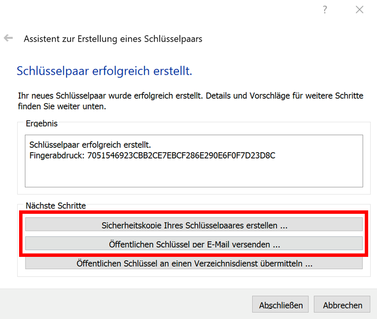 Fertigstellung des Schlüsselpaares und Sicherheitskopie erstellen um Ihre Microsoft Outlook E-Mails verschlüsseln.